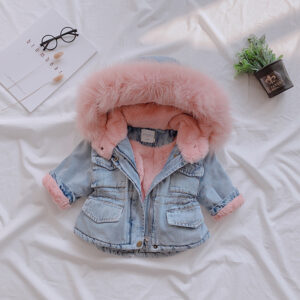 Girls Denim Hooded Coat – Velvet-Lined Warm Jacket